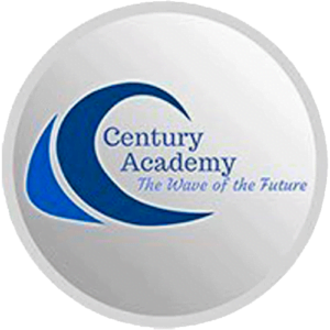 Logo of century academy featuring a blue wave design and the tagline "the wave of the future" on a white spherical background.