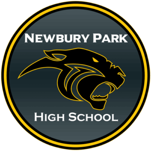 Logo of newbury park high school featuring a stylized panther head in yellow on a dark background, encircled by the school name in yellow.