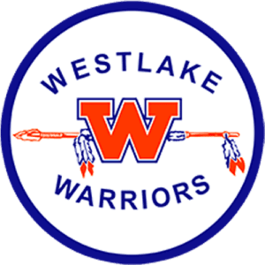 Logo of the westlake warriors featuring a red letter 'w' with an arrow and feathers, encircled by the team name in blue on a white background.