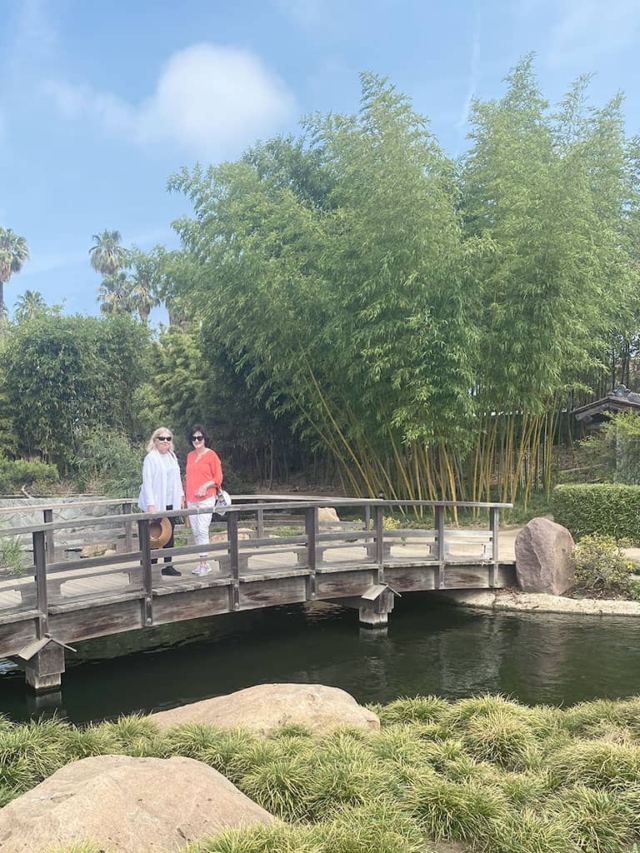 Two people stand on a wooden bridge over a pond in a garden with bamboo and greenery under a partly cloudy sky.