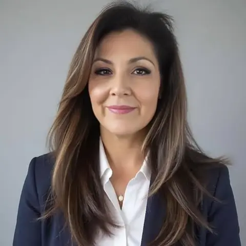 Woman with long brown hair wearing a dark blazer and white blouse, smiling slightly, posed against a plain gray background.
